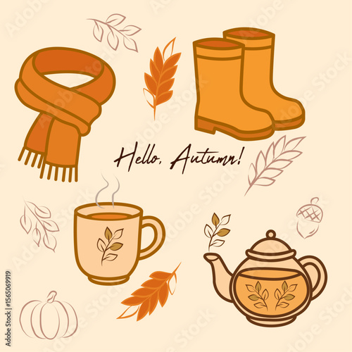 set of tea and sweets Cozy autumn illustration with boots, scarf, teapot, and warm drink. Hand-drawn fall elements with warm colors and "Hello Autumn!" text.