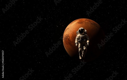 An astronaut floating in space, with Earth and the red planet visible behind them, showcasing their suit against the vastness of outer space