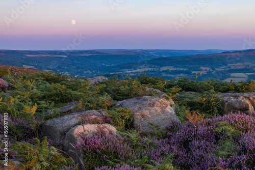 Heather and ferns surround weathered rocks at Bamford Edge under a pastel twilight sky, as the full moon rises over a peaceful rural landscape in Hope Valley, Peak District, England