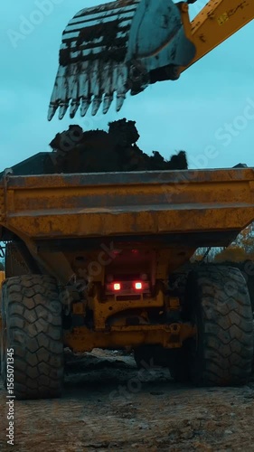 A dynamic construction scene highlighting a loader actively dumping material into a waiting truck for transport.