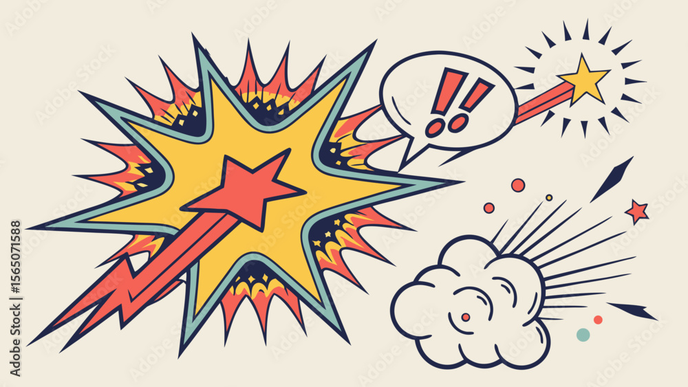 Obraz premium Colorful comic-style explosion with stars and speech bubbles, conveying excitement and energy.