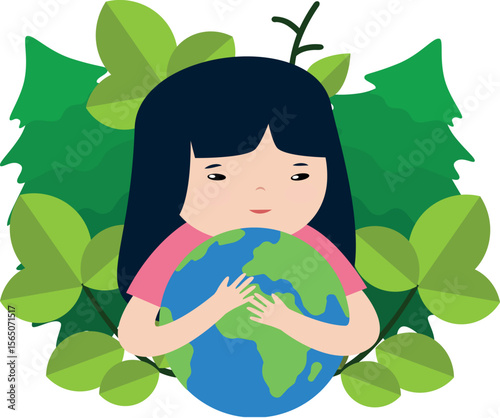 A little girl holding a world globe surrounded by leaves. Vector illustration