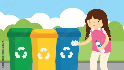 girl throwing garbage in the trash can in the park vector illustration design