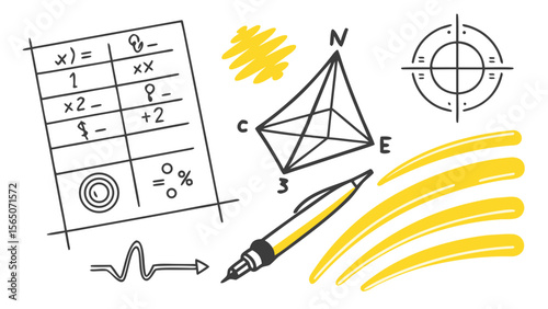 Illustrative doodles featuring mathematical equations, geometric shapes, and a pen on a white background.