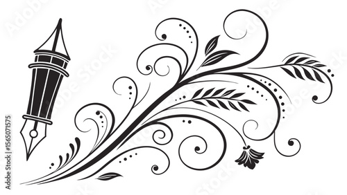 Elegant black floral design with a fountain pen, perfect for creative writing themes.