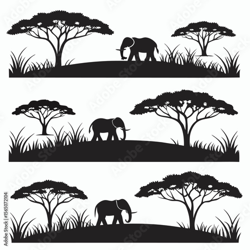 African Elephant Silhouettes Savannah Landscape Set