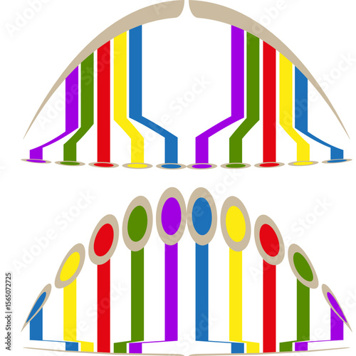 Rainbow arch stripes. Color oval accents. Vibrant curved band. Vector festive graphic.