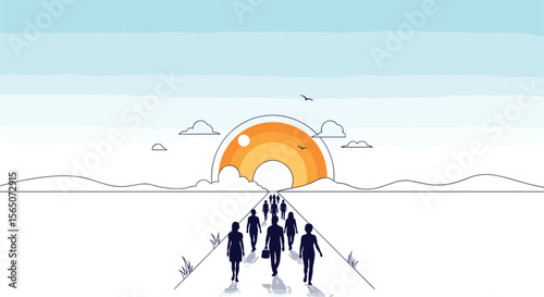 An Illustration of People on a Journey Towards the Horizon with a Rising Sun