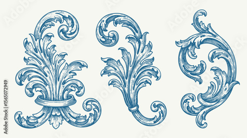 Hand drawn vector retro victorian ornaments set. engraving illustration of Floral decorative vector elements set, rococo and baroque style, vintage royal details