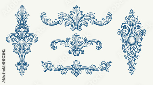 Hand drawn vector retro victorian ornaments set. engraving illustration of Floral decorative vector elements set, rococo and baroque style, vintage royal details