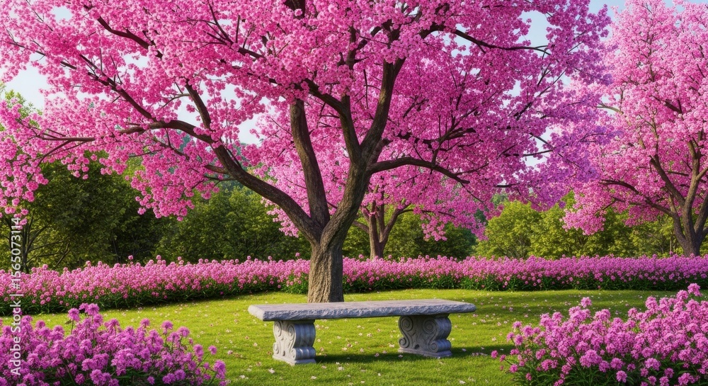Naklejka premium Serene Garden Scene With Blooming Cherry Blossom Trees