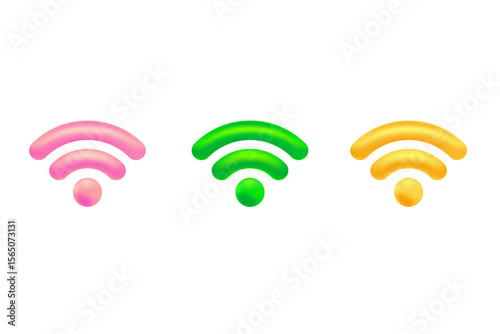 Cute 3D pink, yellow, green wifi icon, isolated transparent background, wireless free internet zone design element. Glowing plastic texture internet network icon for infographics, presentation