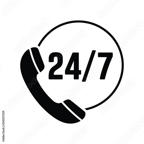 Black Phone Icon with 24/7 Text Inside Circle telephone