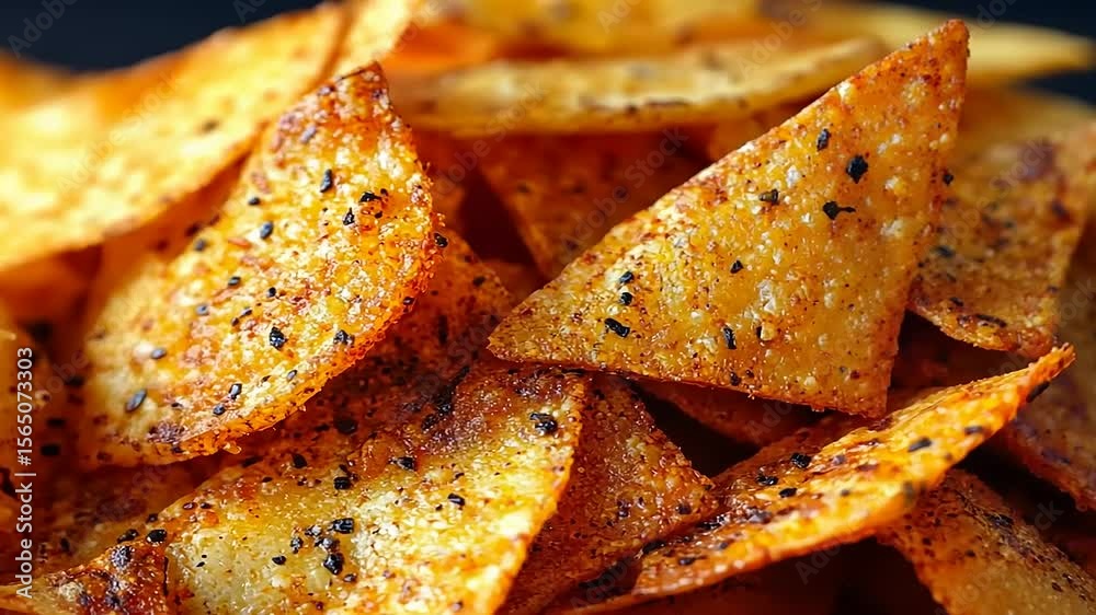 Close-up of crispy tortilla chips seasoned with spices, perfect for snacking during gatherings