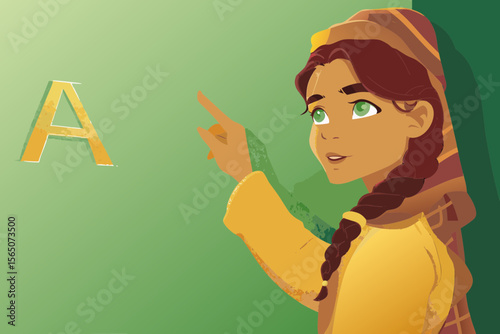 Child pointing at letter A on magnetic board