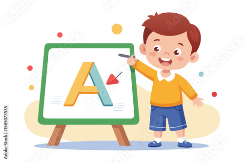 Child pointing at letter A on magnetic board
