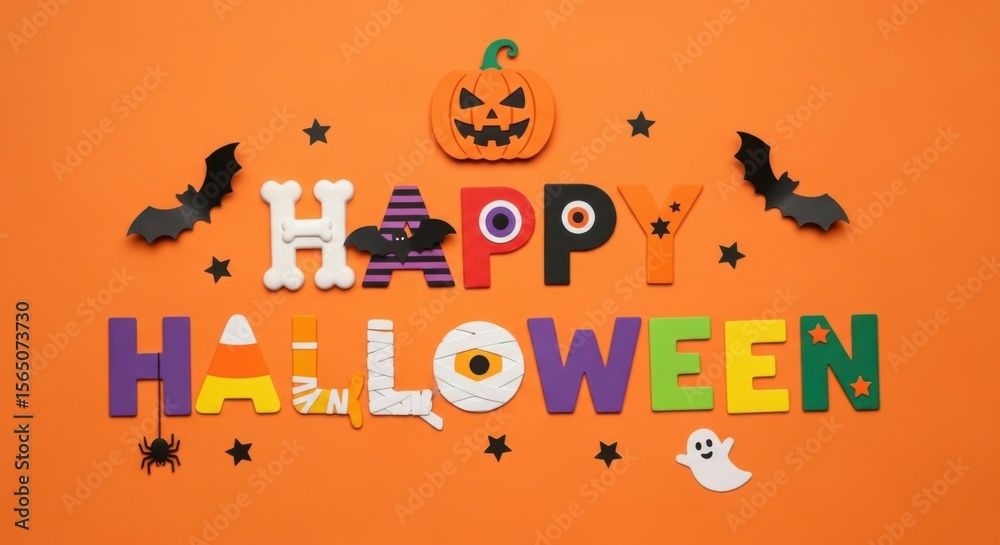 Festive arrangement displaying happy halloween lettering with decorations Festive arrangement displaying happy halloween lettering with decorations
