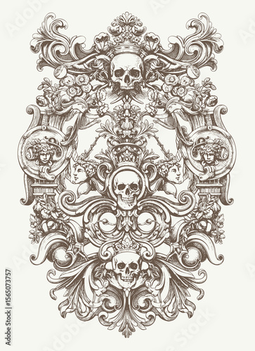 engraving illustration of victorian, rococo, baroque style elements. book cover, social media, t shirt design application
