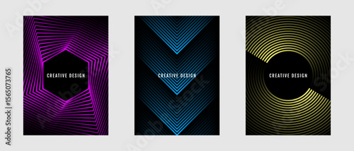Minimal abstract covers set. Colorful geometric background bundle with lines styles decoration on dark space. Modern graphic design element stripes concept for web banner, flyer, card, or brochure