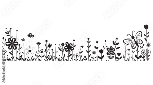 Vector doodle border featuring butterflies, honey bees, and flowers for a natural, playful look.

