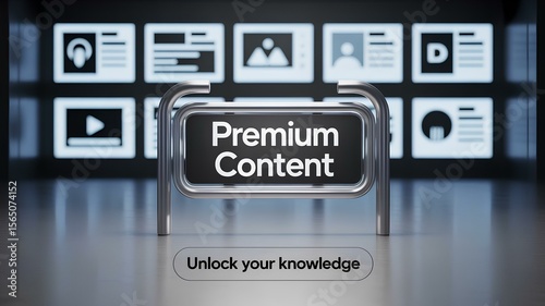 Paywall concept with premium content access gate barrier and exclusive content access