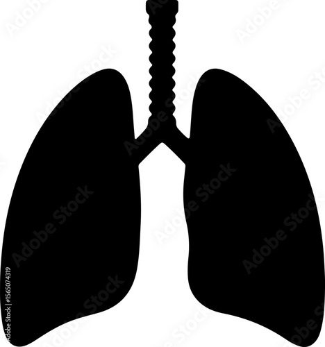 Black silhouette of human lungs and trachea on a grey background