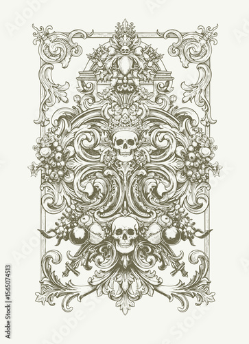 engraving illustration of victorian, rococo, baroque style elements. book cover, social media, t shirt design application