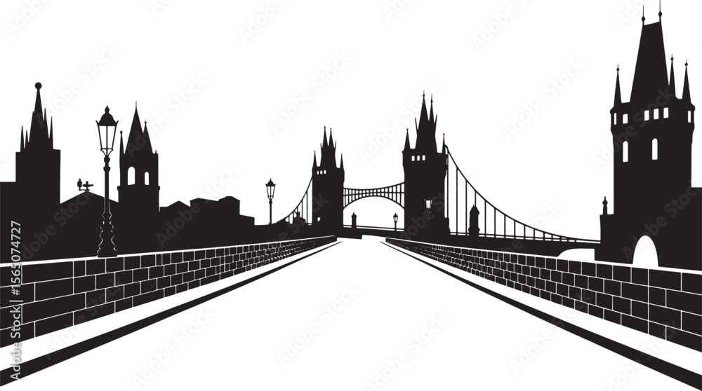 Fototapeta premium Dramatic Cityscape Silhouette with Perspective Bridge and Towers