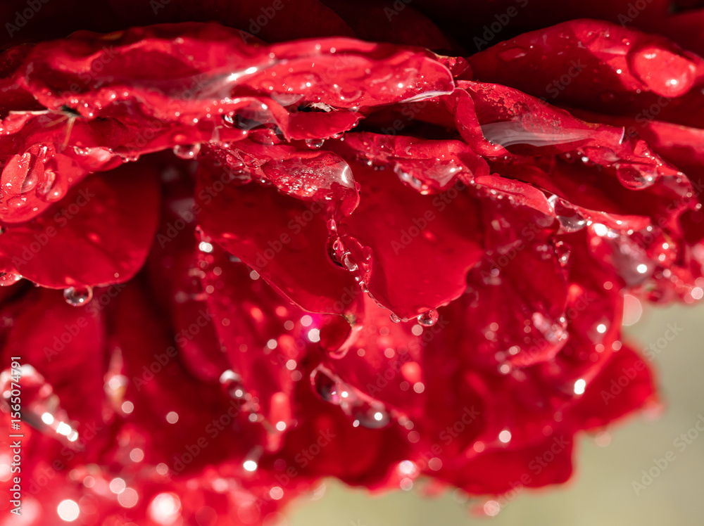 A close up of a red flower with water droplets on it A close up of a red flower with water droplets on it