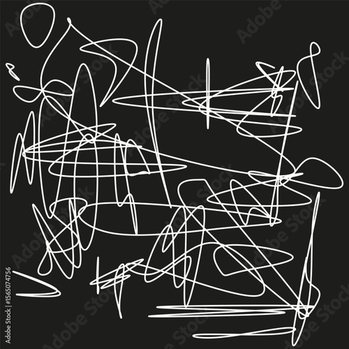 Chaotic scribble icon. Tangled line web. Dynamic stroke lattice. Vector black backdrop.