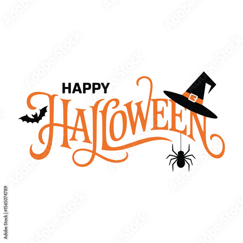 Happy Halloween Orange and Black Text with Bat Spider and Witch Hat
