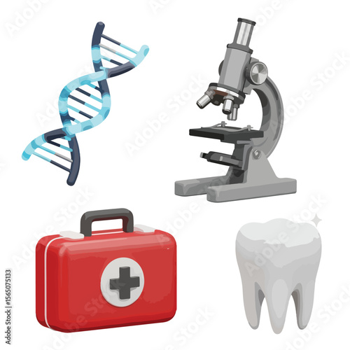 Illustration of medical and scientific tools, including DNA, microscope, first aid kit, and tooth.