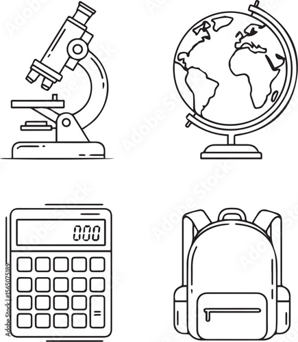 Line art illustrations of essential school supplies including microscope, globe, calculator, and backpack.