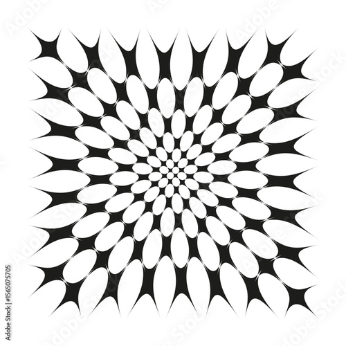 Petal starburst icon. Radial teardrop motif. Expanding bloom Vector. Symmetric flare emblem.