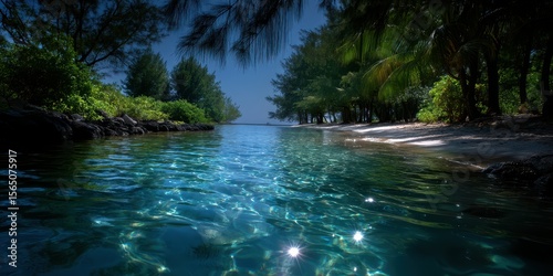 Serene tropical lagoon surrounded by lush greenery and calm waters under a clear sky at midday