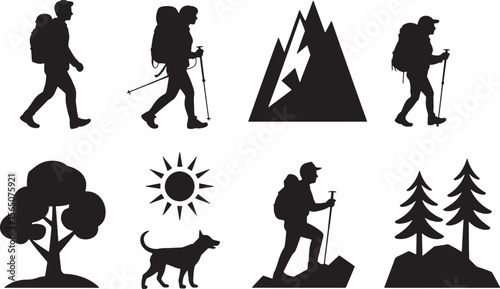 Scenic Hiking Adventure Silhouettes: Hiker, Mountain Landscape, and Sun for Outdoor Exploration