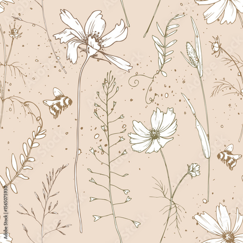 Soft minimalist seamless floral pattern in line art style. Featuring wildflowers, herbs, and bees on nude beige background. Ideal for eco-friendly projects, wrapping paper, and textile prints.