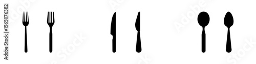 Spoon, knife, fork icon set. Dining silverware. Silhouette, cutlery. Vector illustration. EPS 10