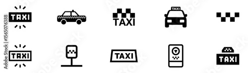 Taxi icon set. Taxi service icon set. Taxi car map pin mark. Black signs of taxi stop place. Vector Illustration. ESP 10