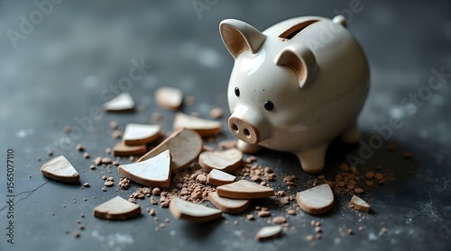 A broken ceramic piggy bank surrounded by scattered coins, symbolizing financial loss and unexpected expenses.