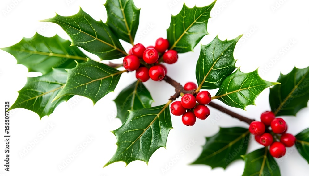 Fototapeta premium A sprig of holly with vibrant red berries and lush green leaves
