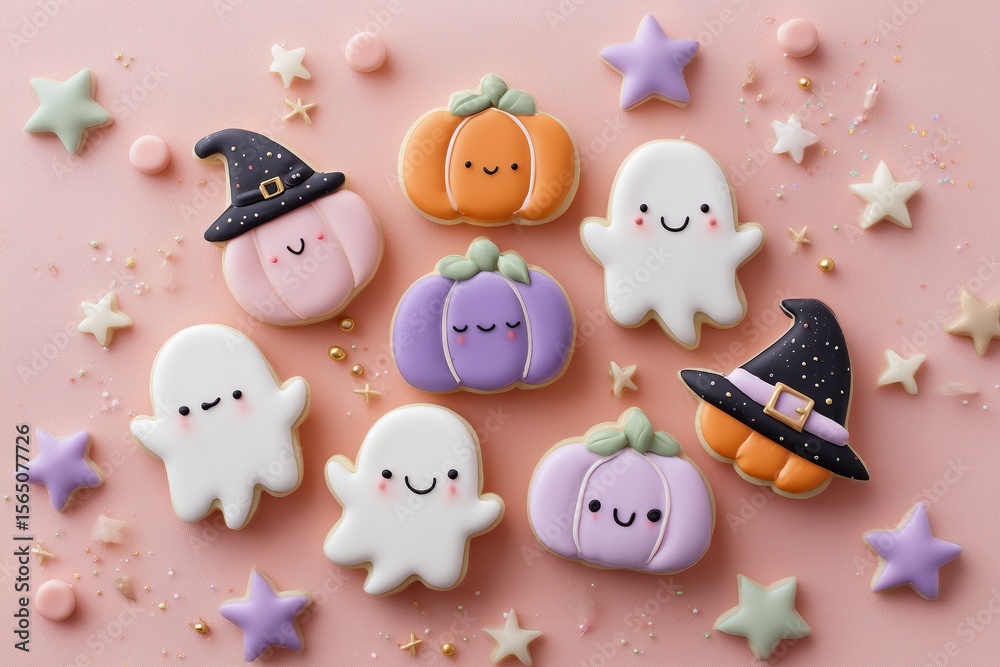 Obraz premium Cute Halloween Cookies with Ghost, Pumpkin, and Witch Designs on Pastel Background