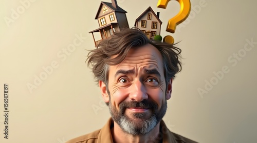 A smiling middle-aged Caucasian man with a questioning expression, contemplating real estate, symbolized by houses and a question mark.