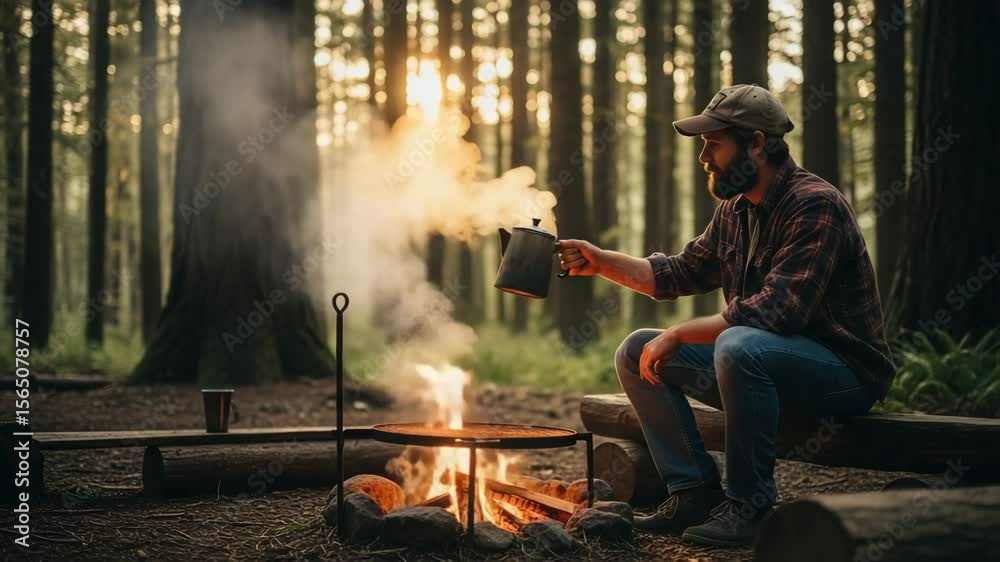 Quiet morning by the campfire with freshly brewed coffee in the serene forest at sunrise