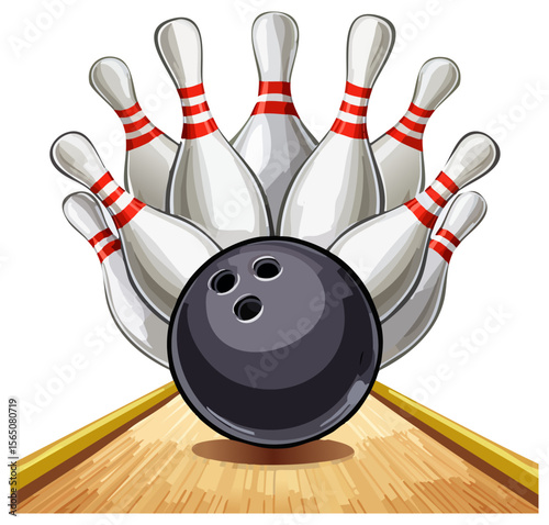 Bowling ball striking pins on a lane