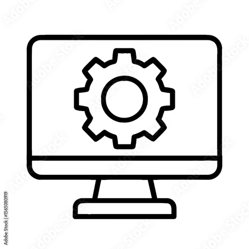 Line icon of computer monitor with gear symbol representing production environment or system configuration