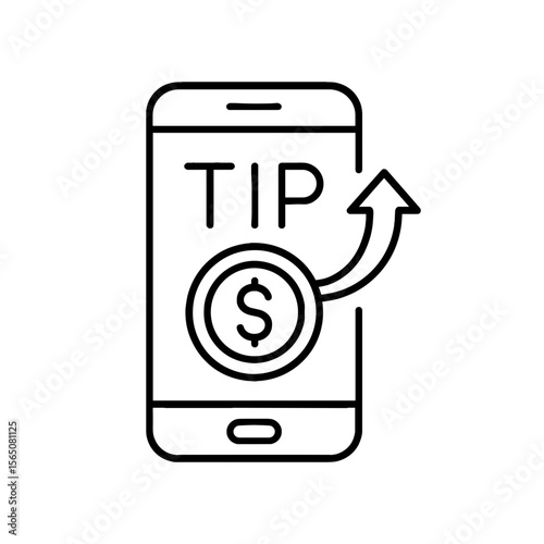 Line icon of mobile tipping app with dollar symbol and upward arrow on smartphone screen