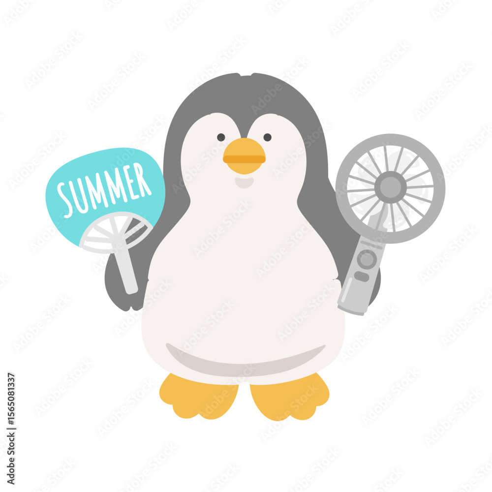 Fototapeta premium ハンディファンとうちわを持つペンギン 熱中症対策 イラスト