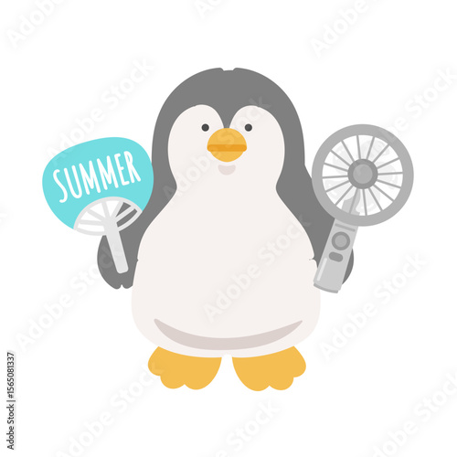 ハンディファンとうちわを持つペンギン　熱中症対策　イラスト