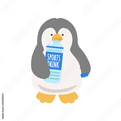 ペットボトルのスポーツドリンクを飲むペンギン　熱中症対策　イラスト